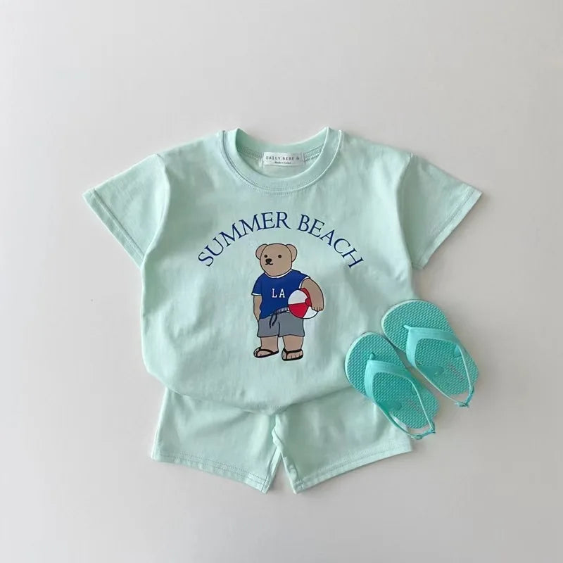 Short Sleeve Clothes Set Cute Bear PrintT Shirt + Shorts 2pcs