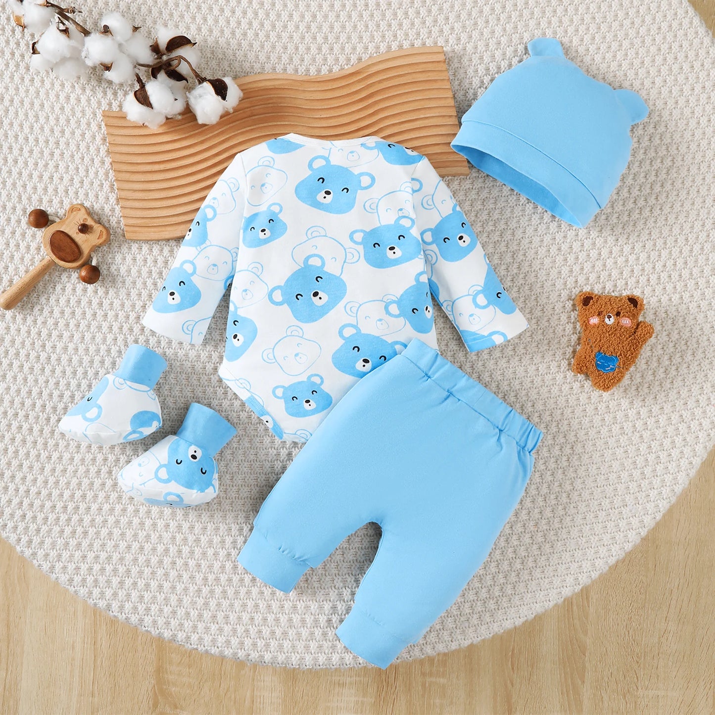 Little bear Long sleeved Jumpsuit+Long Pants+Hat+Socks 4Pcs/Set