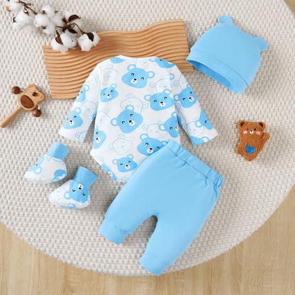 Little bear Long sleeved Jumpsuit+Long Pants+Hat+Socks 4Pcs/Set