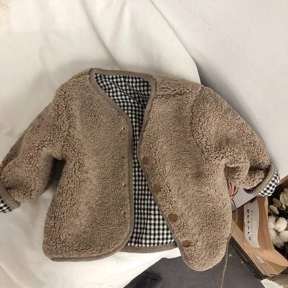 Korean Style Winter Boy Girl Reversible Clothes Beige/coffee Lambswool Plaid Single Breasted Jacket Children Warm Coat E89338