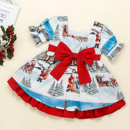 Christmas Bow Dress Kids Full Printing Casual Elk Xmas