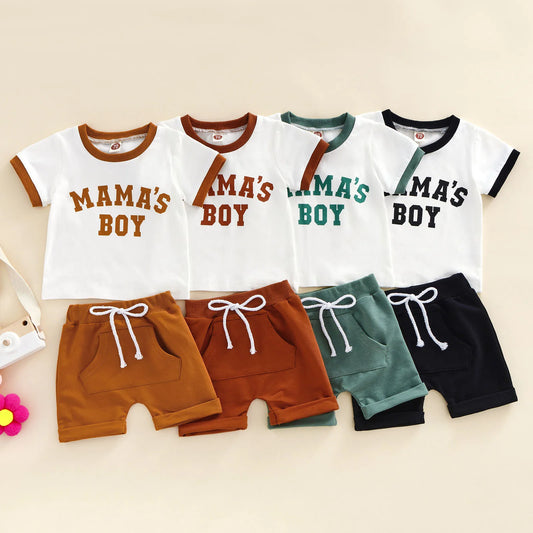 Boys 2Pcs Summer Outfits Short Sleeve Letter Print T-Shirts Pocket Shorts