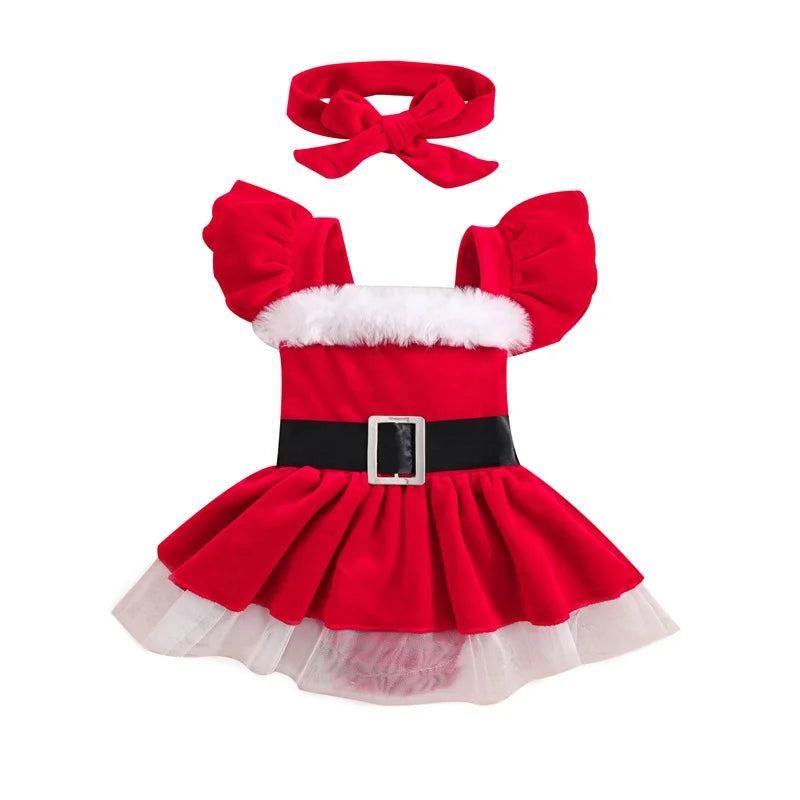 Girls Christmas Outfits Long Sleeve Fur Trim Velvet Romper Dress + Headband