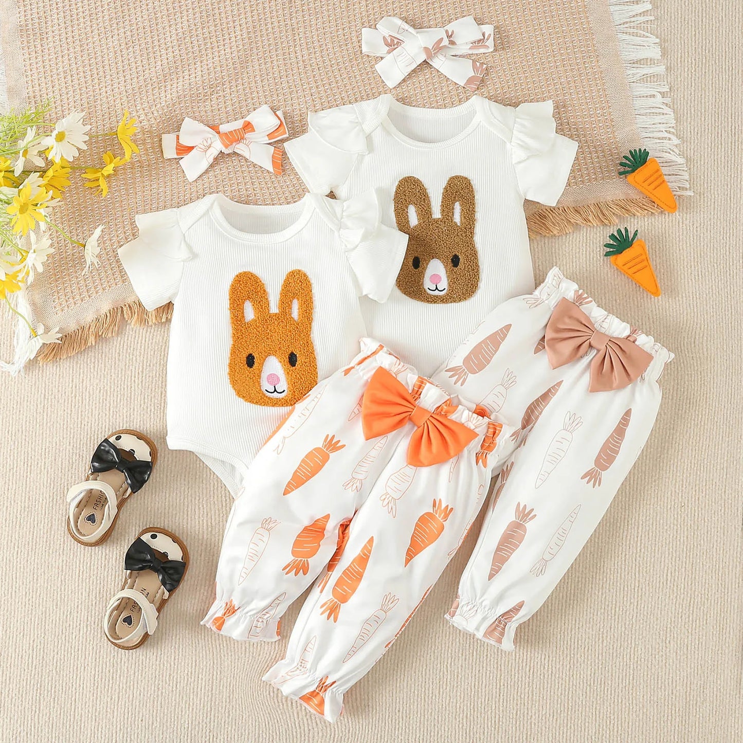 Short Sleeve Easter Rabbit Embroider Romper Bodysuit Pants