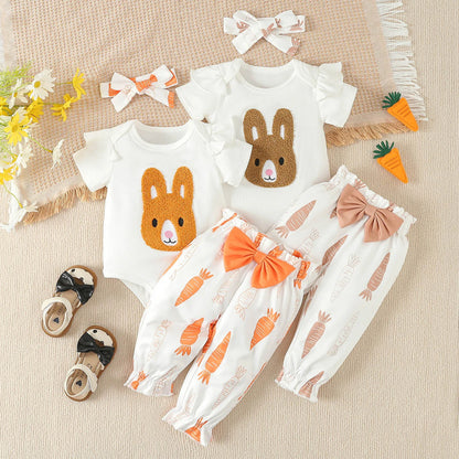 Short Sleeve Easter Rabbit Embroider Romper Bodysuit Pants