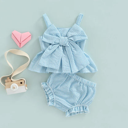 Girl 2Pcs Sweet Clothing Set Striped Print Big Bow Embellished Vest