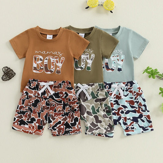 Boys Summer Shorts Sets Short Sleeve Letter Print Tops and Camouflage Shorts Sets