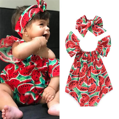 Watermelon Print Bodysuit Headband Short Sleeve Romper