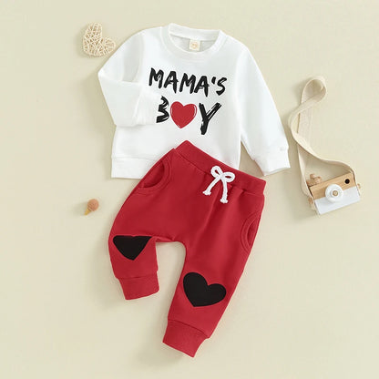 0-3Y Toddler Baby Boy Valentine’s Day Outfits Long Sleeve Sweatshirt + Heart Trousers Pant Clothes Set