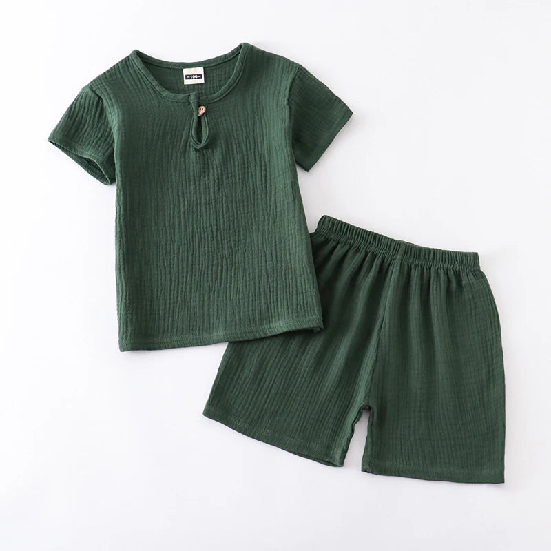 Solid Cotton Linen T-shirts+Shorts Set