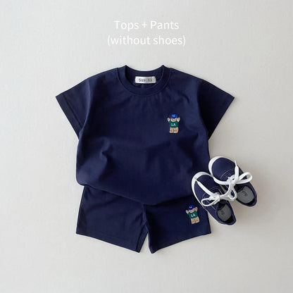 Top and Bottom Set Bear Embroidery Thin Casual Sports Outfit