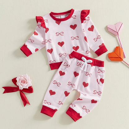 Bow /Heart Print Ruffle Long Sleeve Sweatshirt and Elastic Pants 2 Piece set