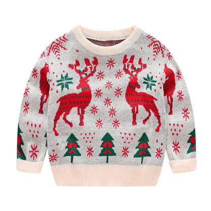 Festive Christmas Kids Sweater - Adorable Elk Print Crew Neck Knitwear