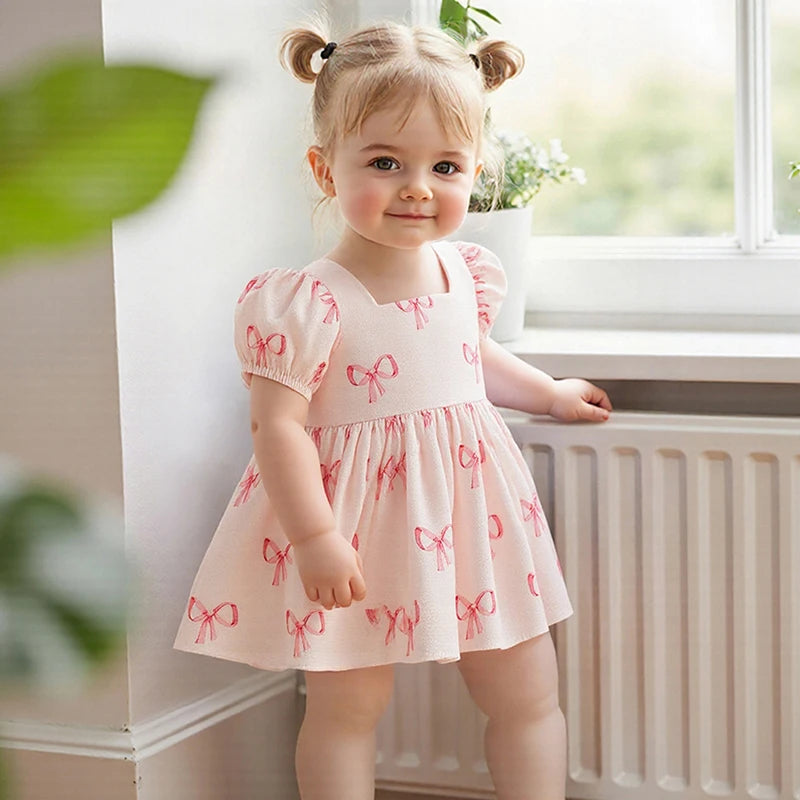 Girls Dress Bowknot Print Sqaure Neck Short Sleeve Casual Dress