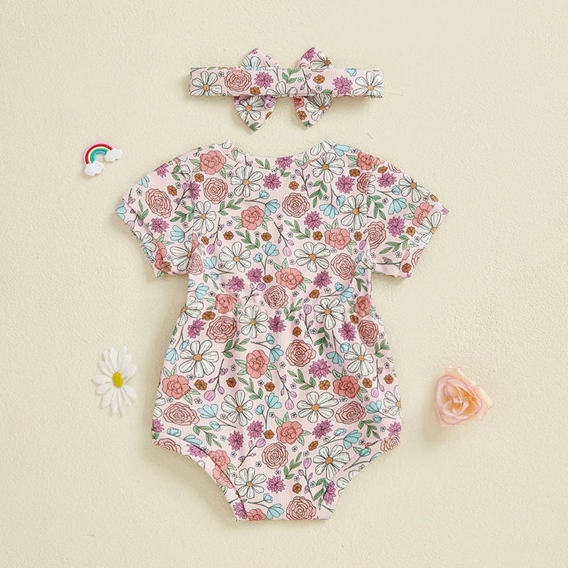 Ribbed Romper Floral/Bow/Strawberry Short Sleeve Bodysuit with Bow Headband
