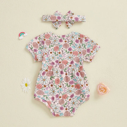 Ribbed Romper Floral/Bow/Strawberry Short Sleeve Bodysuit with Bow Headband