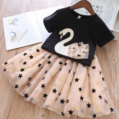 Swan T-Shirt+Sequin Skirts 2Pcs Outfits