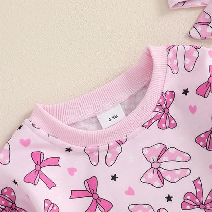 Valentine's Day Bowknot Heart Print Long Sleeve Bodysuits with Headband