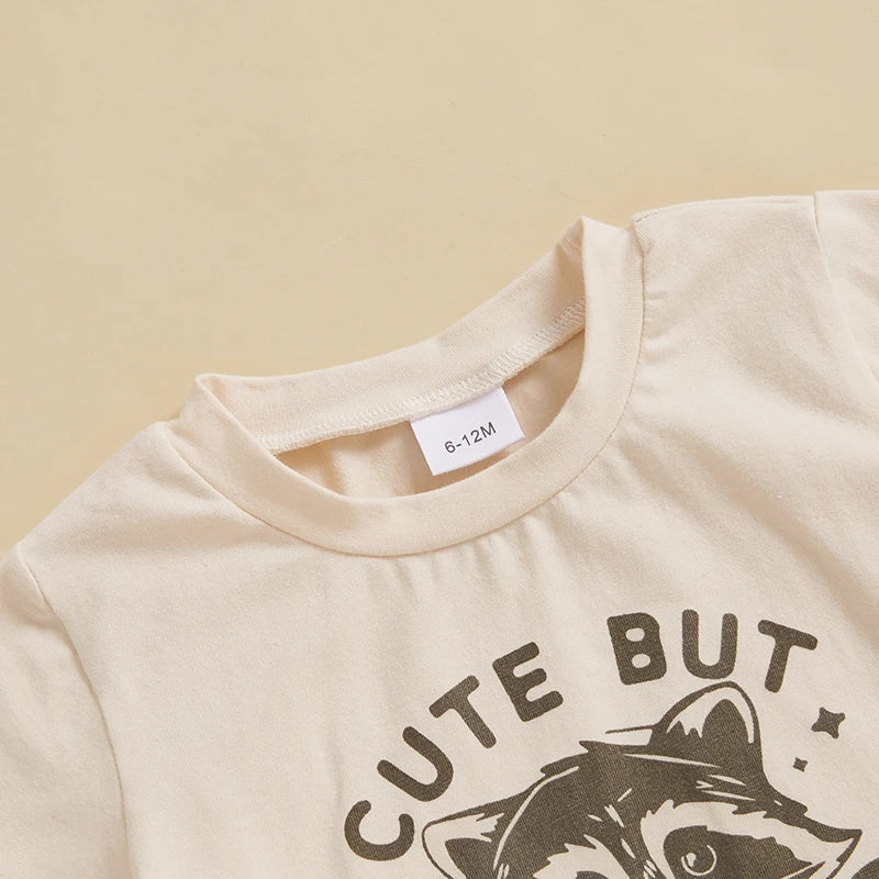 Raccoon Letter Print Short Sleeve T-Shirts and Elastic Waist Shorts Set