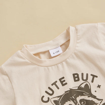 Raccoon Letter Print Short Sleeve T-Shirts and Elastic Waist Shorts Set