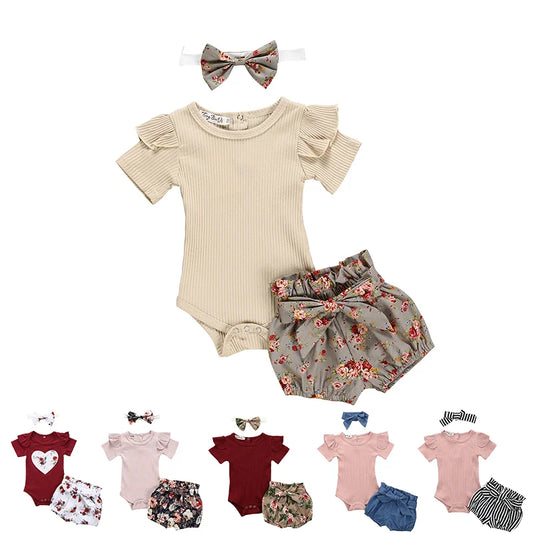 Solid Color Short Sleeve Ruffle Romper Tops Flower Short Pants Headband 3Pcs set