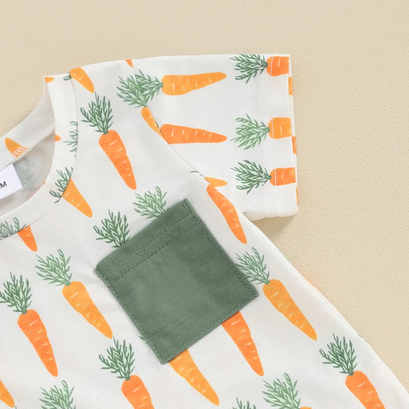 Carrot Print Short Sleeve Top Elastic Shorts Set