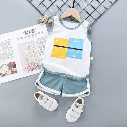 Summer Toddler Boy Girl Clothes Baby Boys Cotton Vest+Shorts 2 Pcs Sets Kids Clothes Boys Girls Cartoon Vest Sleeveless T Shirts