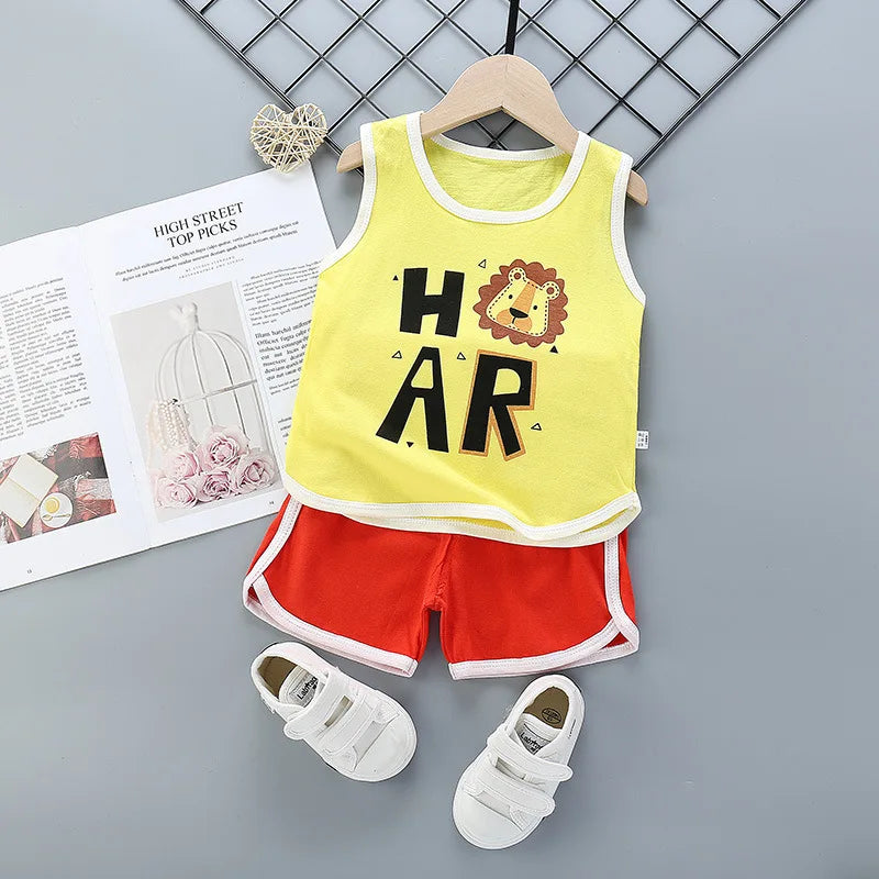Summer Toddler Boy Girl Clothes Baby Boys Cotton Vest+Shorts 2 Pcs Sets Kids Clothes Boys Girls Cartoon Vest Sleeveless T Shirts