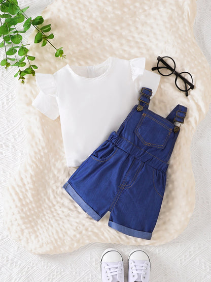 1-3 year old summer baby boy and girl casual solid color sleeveless top+versatile denim shoulder strap shorts set