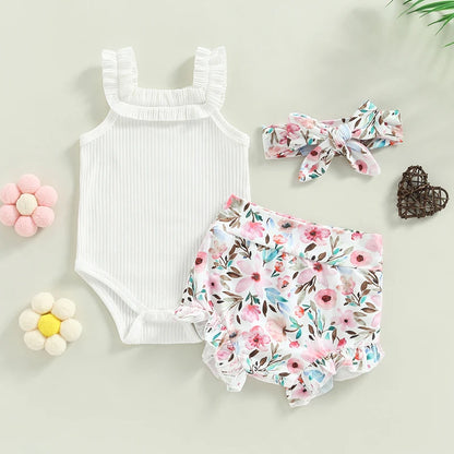Baby Girls Shorts Set Sleeveless Romper Flower/Rainbow/ Print Shorts Hairband