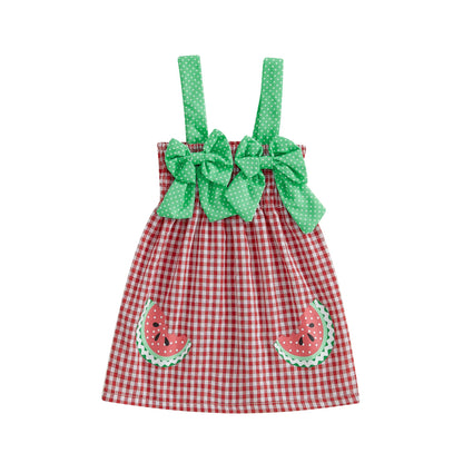 Girl Slip Dress Sweet Bows Watermelon Print Plaid Infant Sundress