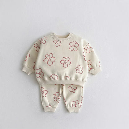 Flower Fleece Sweatshirt+Pants 2pcs Tracksuit