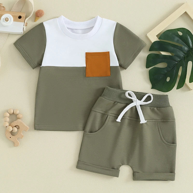 Summer Clothes Color Block Short Sleeve T-shirts + Shorts Set