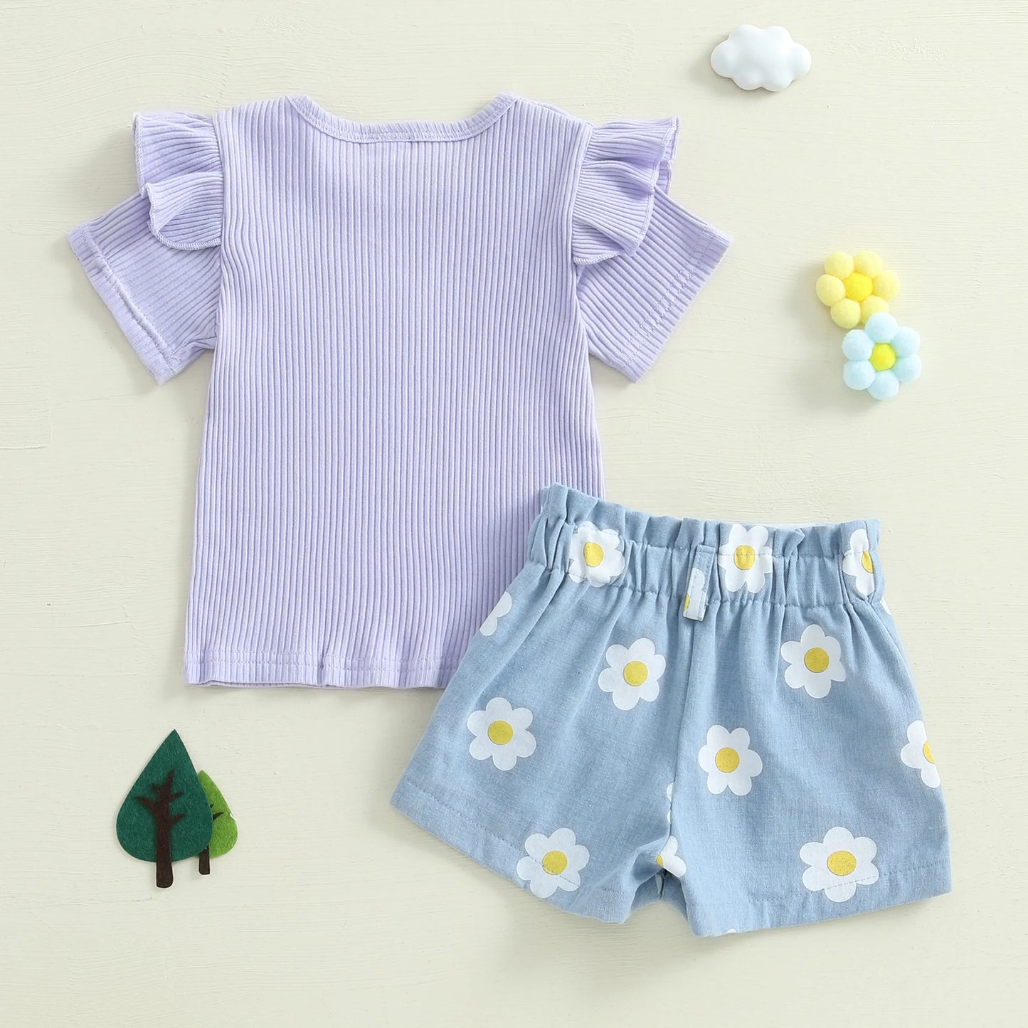 1-4Y Baby Girl Summer Outfits Ruffle Short Sleeve Floral Print Ribbed t Shirt Tops Shorts Set Toddler Baby Clothing 2Pcs