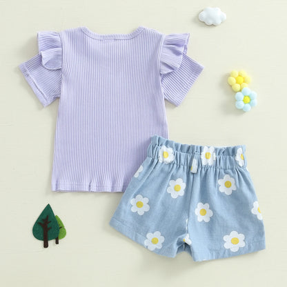 1-4Y Baby Girl Summer Outfits Ruffle Short Sleeve Floral Print Ribbed t Shirt Tops Shorts Set Toddler Baby Clothing 2Pcs