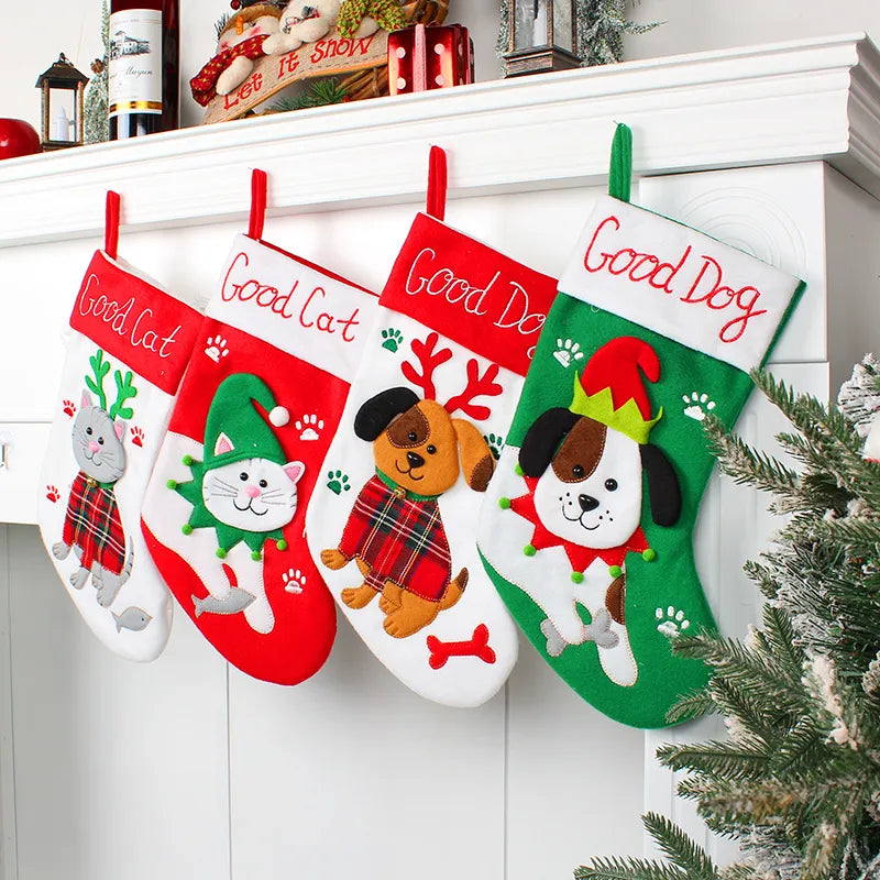 Cute Dogs and Cats Cartoon Christmas Stockings, Pendant, Christmas Tree Gift Bag, Decorative Socks