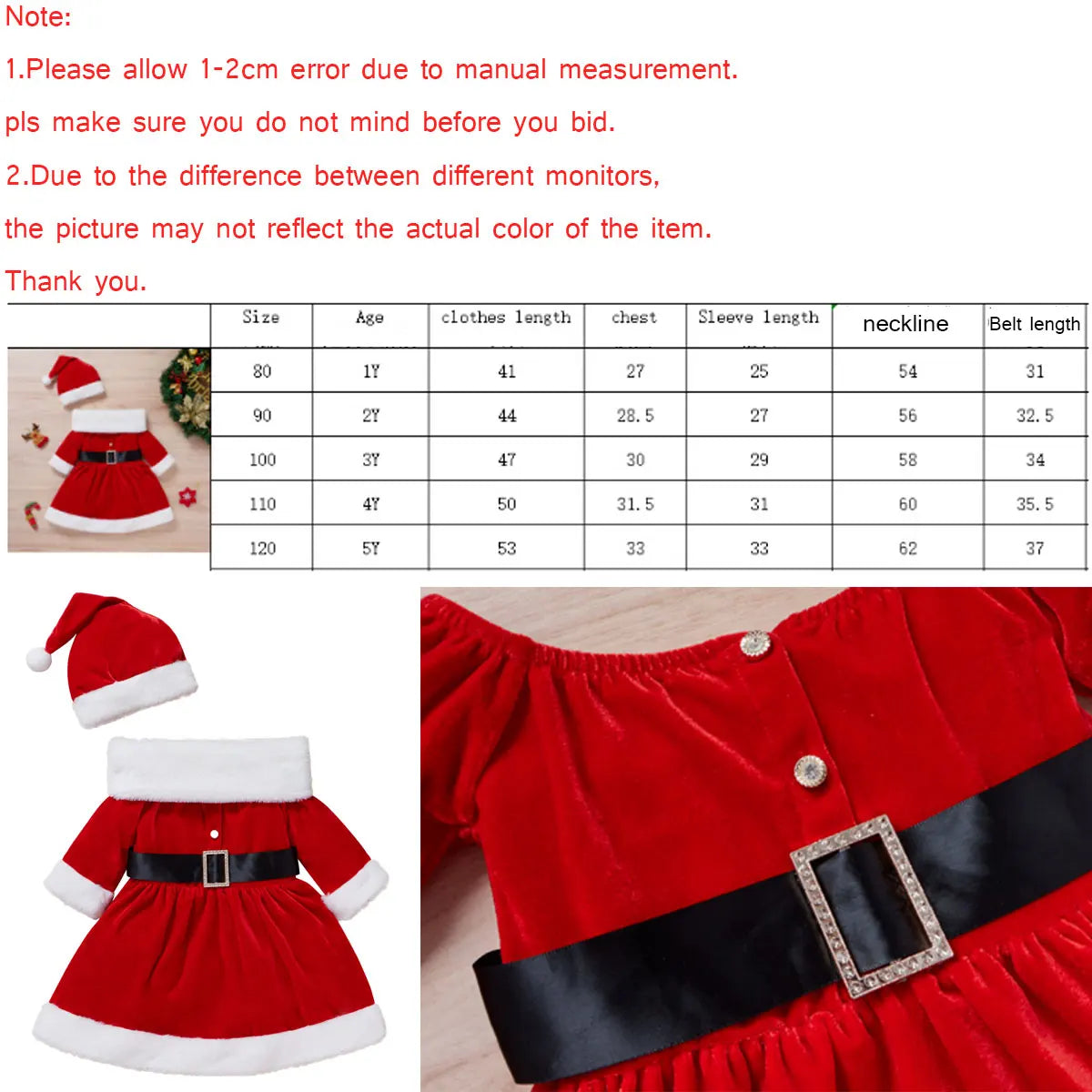 Christmas Claus Red Santa dress + Hats 2pcs Cotton Outfit