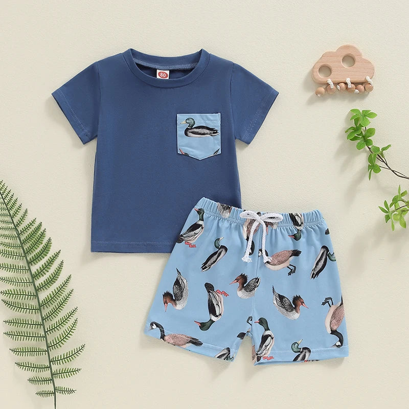 Duck Print Short Sleeve T-Shirt Elastic Waist Shorts Set