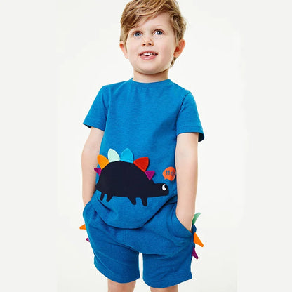 Cartoon Casual Tops and Pant with Dinosaur Blue Cotton Soft and Comfort for Kids