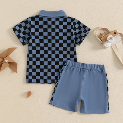 Short Sleeve Lapel Checkerboard Print Tops and Drawstring Shorts Sets
