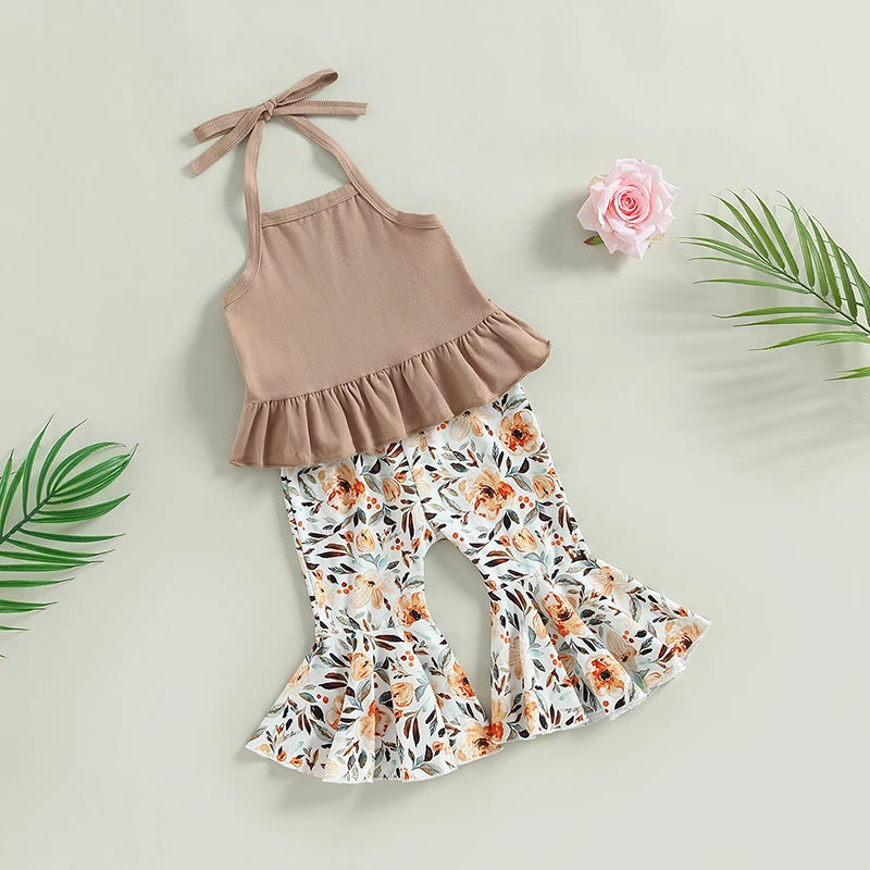 Baby Girls 2Pcs Summer Clothing Set Lacing Halterneck Vest with Flower Print Flare Pants