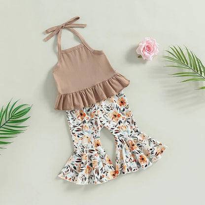 Baby Girls 2Pcs Summer Clothing Set Lacing Halterneck Vest with Flower Print Flare Pants
