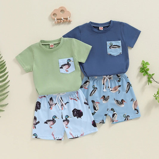 Duck Print Short Sleeve T-Shirt Elastic Waist Shorts Set