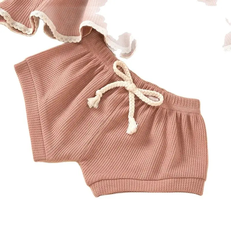 Summer Newborn Baby Girl Set Cotton linen Solid O-neck Short Sleeve Ruffles T-shirt Shorts Suit Infant Clothes Outfit