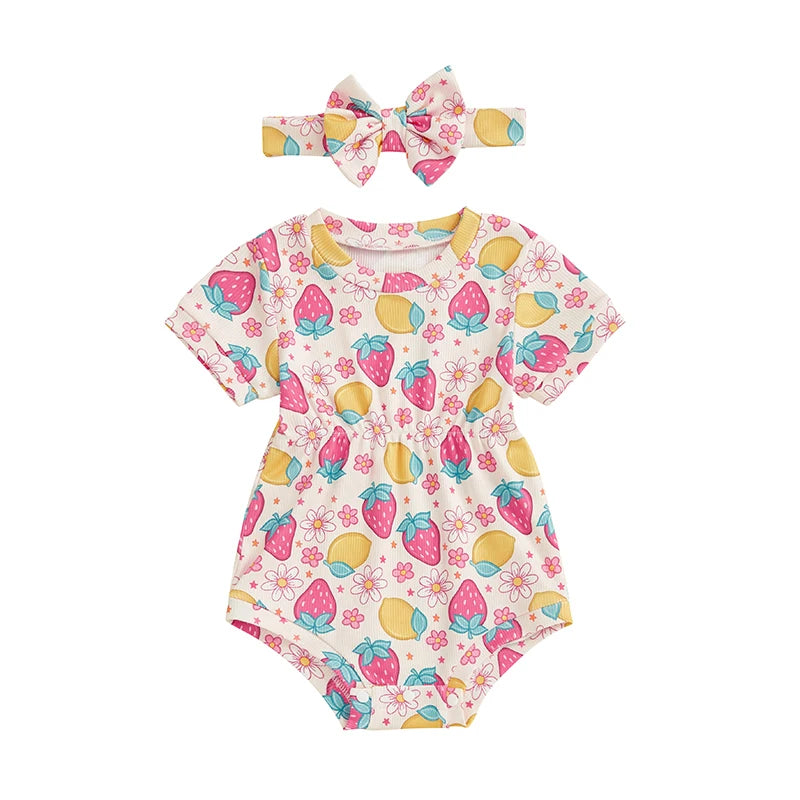Ribbed Romper Floral/Bow/Strawberry Short Sleeve Bodysuit with Bow Headband