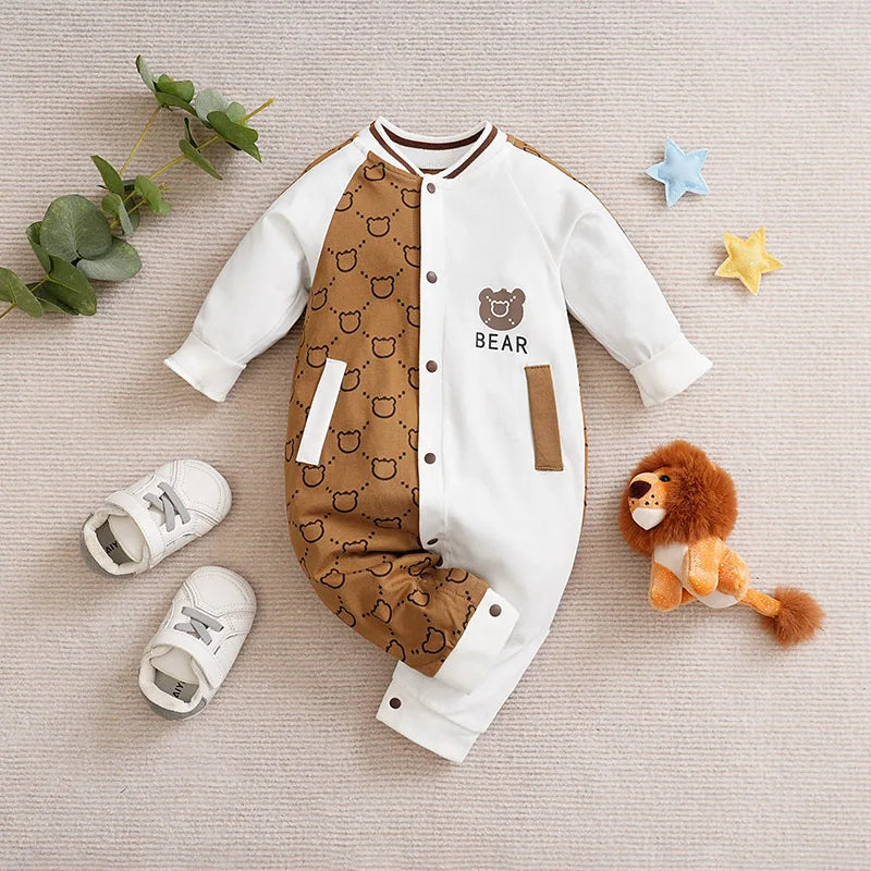 Cartoon Little Bear Printed Cotton Comfortable Casual Long Sleeve Baby Bodysuit