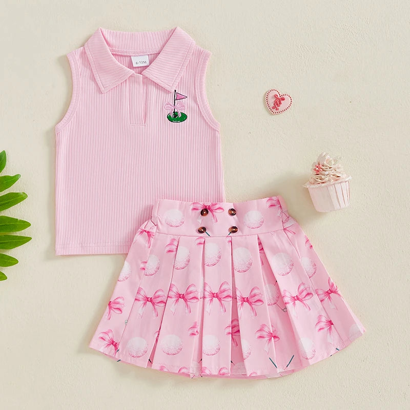 Sleeveless Tank Tops and Golf Print Pleated A-Line Skirt Set