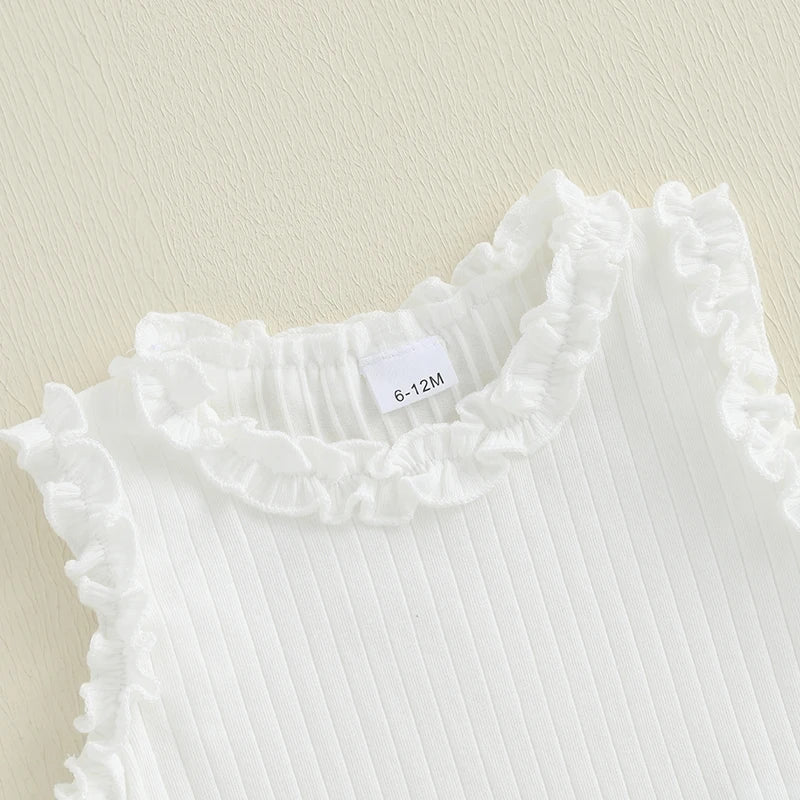 Solid Color Ruffles Tank Tops and Button Denim Skirt with Belt Set