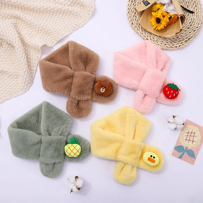 Baby Winter Warm Thicken Scarfs New Children Cute Cartoon Faux Rabbit Fur Cross Collar Scarves Boy Girl Soft Plush Scarf Gift