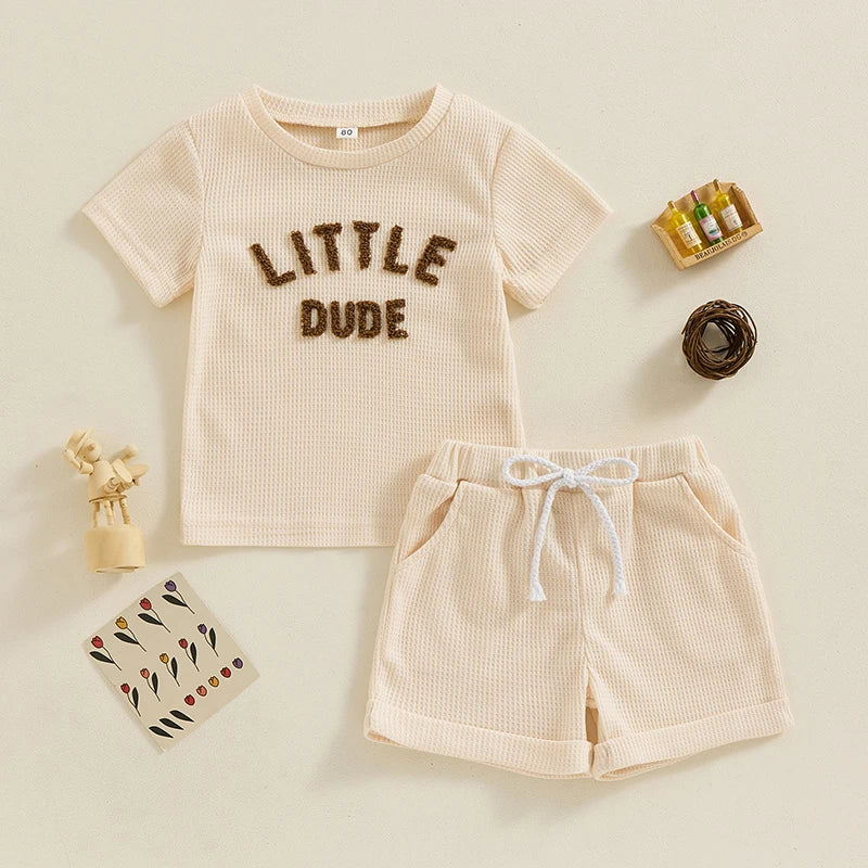 Fuzzy Letter Waffle Short Sleeve T-Shirts Tops Elastic Waist Shorts Set Outfit